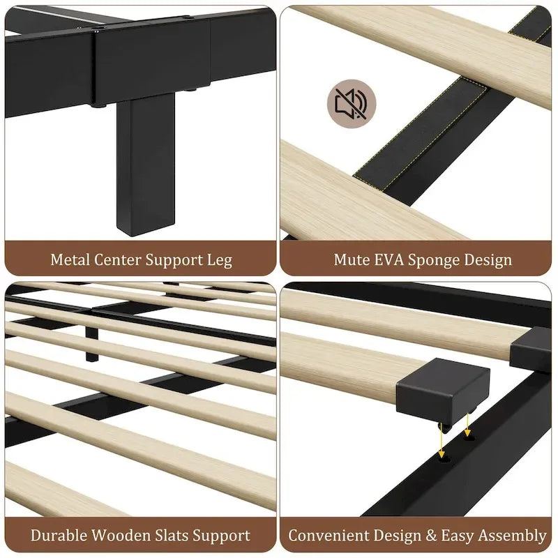 Base de cama de plataforma de metal con cabecero y piecero de madera