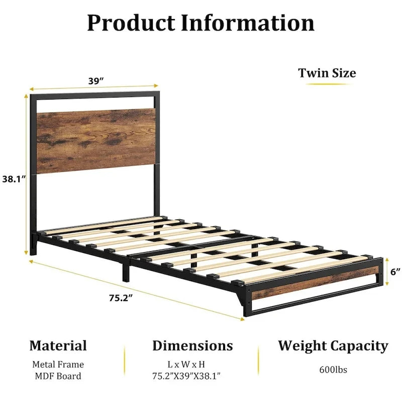 Base de cama de plataforma de metal con cabecero y piecero de madera