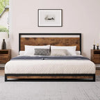 Base de cama de plataforma de metal con cabecero y piecero de madera