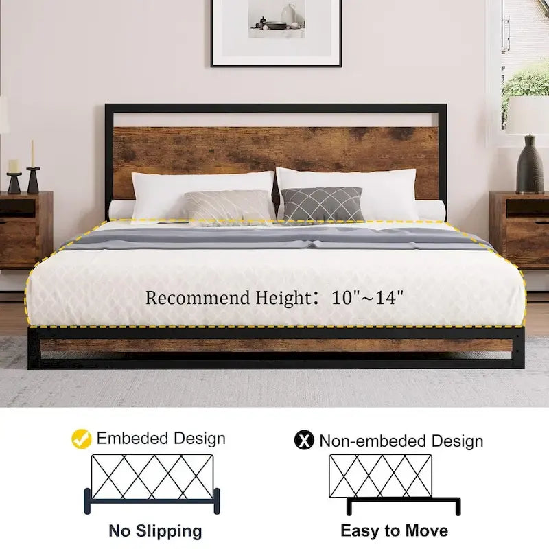 Base de cama de plataforma de metal con cabecero y piecero de madera