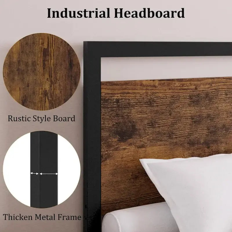 Base de cama de plataforma de metal con cabecero y piecero de madera