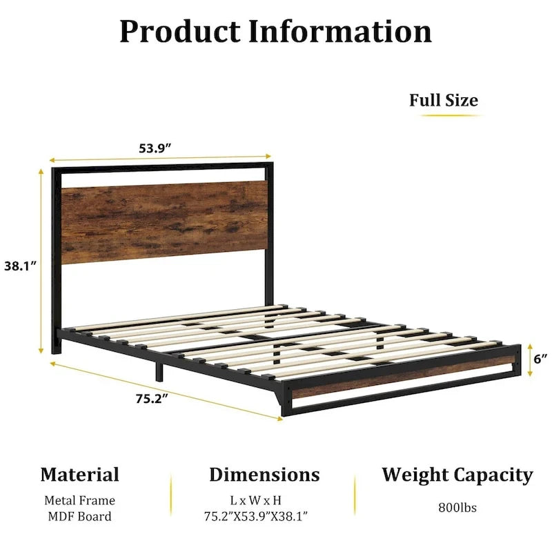 Base de cama de plataforma de metal con cabecero y piecero de madera