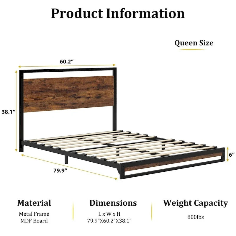 Base de cama de plataforma de metal con cabecero y piecero de madera