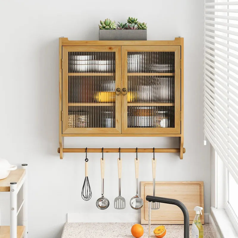 Gabinete de pared de vidrio antiguo natural/pulido con 3 niveles de almacenamiento y toallero