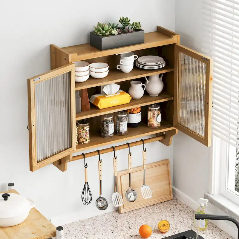 Gabinete de pared de vidrio antiguo natural/pulido con 3 niveles de almacenamiento y toallero