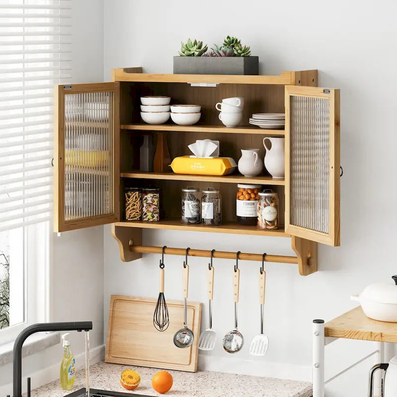 Gabinete de pared de vidrio antiguo natural/pulido con 3 niveles de almacenamiento y toallero
