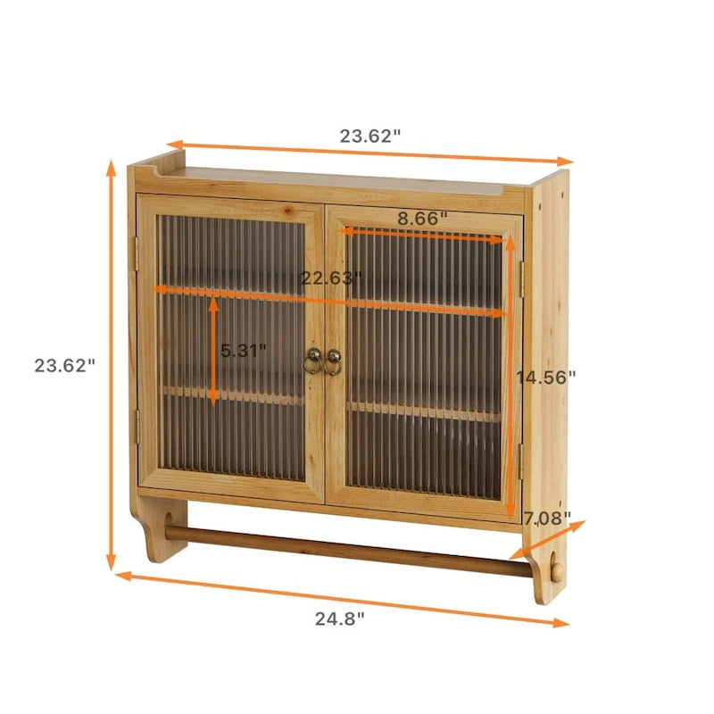 Gabinete de pared de vidrio antiguo natural/pulido con 3 niveles de almacenamiento y toallero