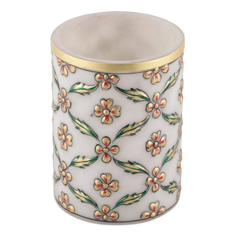 Portalápices de Malla Floral Antigua Verde y Dorada con Diseño de Mármol (Unidad)
